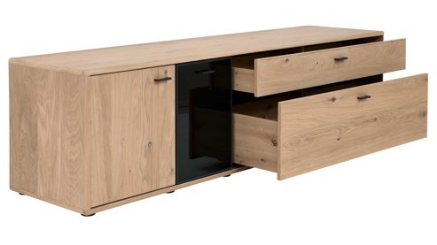 Lowboard Interliving aus Holz in Holzfarben Interliving Wohnzimmer Serie 2024 - TV-Element Eiche & Schwarzglas -zwei Türen, zwei Schubladen, Breite ca. 205 cm