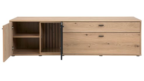 Lowboard Interliving aus Holz in Holzfarben Interliving Wohnzimmer Serie 2024 - TV-Element Eiche & Schwarzglas -zwei Türen, zwei Schubladen, Breite ca. 205 cm