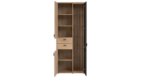 Wohnwand Interliving aus Holz in Holzfarben Interliving Wohnzimmer Serie 2024 - Wohnwand Eiche & Schwarzglas - dreiteilig, Breite ca. 299 cm