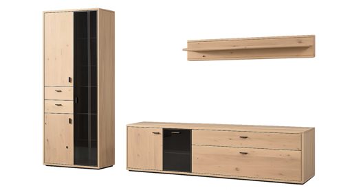 Wohnwand Interliving aus Holz in Holzfarben Interliving Wohnzimmer Serie 2024 - Wohnwand Eiche & Schwarzglas - dreiteilig, Breite ca. 299 cm