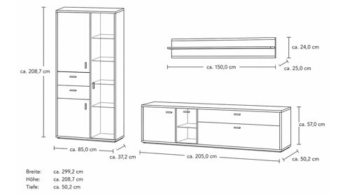 Wohnwand Interliving aus Holz in Holzfarben Interliving Wohnzimmer Serie 2024 - Wohnwand Eiche & Schwarzglas - dreiteilig, Breite ca. 299 cm