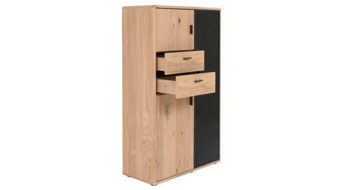 Highboard Interliving aus Holz in Holzfarben Interliving Wohnzimmer Serie 2024 - Highboard Eiche & Schwarzglas - drei Türen, zwei Schubladen