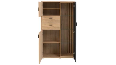 Wohnwand Interliving aus Holz in Holzfarben Interliving Wohnzimmer Serie 2024 - Wohnwand Eiche & Schwarzglas - dreiteilig, Breite ca. 319 cm
