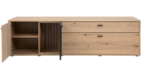 Wohnwand Interliving aus Holz in Holzfarben Interliving Wohnzimmer Serie 2024 - Wohnwand Eiche & Schwarzglas - dreiteilig, Breite ca. 299 cm