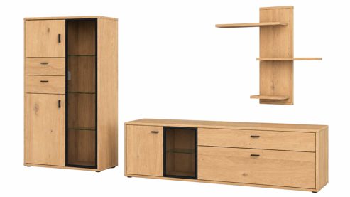Wohnwand Interliving aus Holz in Holzfarben Interliving Wohnzimmer Serie 2024 - Wohnwand Eiche & Schwarzglas - dreiteilig, Breite ca. 319 cm