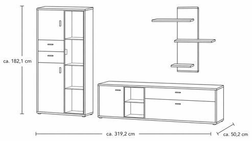 Wohnwand Interliving aus Holz in Holzfarben Interliving Wohnzimmer Serie 2024 - Wohnwand Eiche & Schwarzglas - dreiteilig, Breite ca. 319 cm