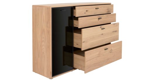 Sideboard Interliving aus Holz in Holzfarben Interliving Wohnzimmer Serie 2024 - Sideboard Eiche & Schwarzglas - eine Tür, vier  Schubladen, Länge ca. 155 cm