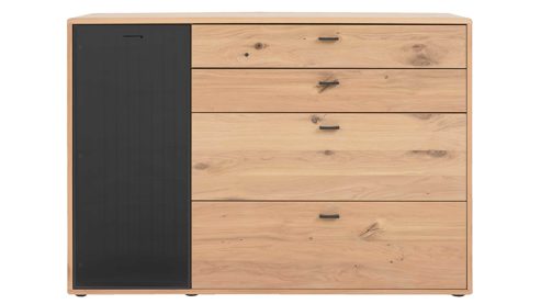 Sideboard Interliving aus Holz in Holzfarben Interliving Wohnzimmer Serie 2024 - Sideboard Eiche & Schwarzglas - eine Tür, vier  Schubladen, Länge ca. 155 cm