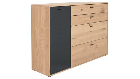 Sideboard Interliving aus Holz in Holzfarben Interliving Wohnzimmer Serie 2024 - Sideboard Eiche & Schwarzglas - eine Tür, vier  Schubladen, Länge ca. 155 cm