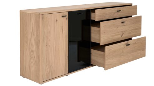 Sideboard Interliving aus Holz in Holzfarben Interliving Wohnzimmer Serie 2024 - Sideboard Eiche & Schwarzglas - zwei Türen, drei Schubladen, Länge ca. 200 cm