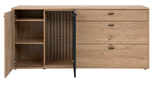 Sideboard Interliving aus Holz in Holzfarben Interliving Wohnzimmer Serie 2024 - Sideboard Eiche & Schwarzglas - zwei Türen, drei Schubladen, Länge ca. 200 cm