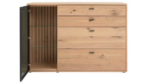 Sideboard Interliving aus Holz in Holzfarben Interliving Wohnzimmer Serie 2024 - Sideboard Eiche & Schwarzglas - eine Tür, vier  Schubladen, Länge ca. 155 cm