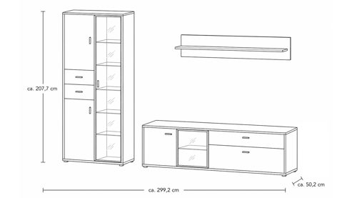 Wohnwand Interliving aus Holz in Holzfarben Interliving Wohnzimmer Serie 2024 - Wohnwand Eiche & Schwarzglas - dreiteilig, Breite ca. 299 cm