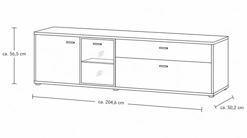 Lowboard Interliving aus Holz in Holzfarben Interliving Wohnzimmer Serie 2024 - TV-Element Eiche & Schwarzglas -zwei Türen, zwei Schubladen, Breite ca. 205 cm