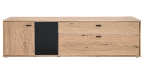 Lowboard Interliving aus Holz in Holzfarben Interliving Wohnzimmer Serie 2024 - TV-Element Eiche & Schwarzglas -zwei Türen, zwei Schubladen, Breite ca. 205 cm