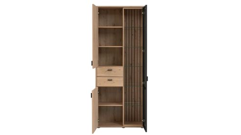 Vitrine Interliving aus Holz in Holzfarben Interliving Wohnzimmer Serie 2024 - Vitrine Eiche & Schwarzglas - drei Türen, zwei Schubladen, Breite ca. 85 cm