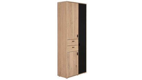 Vitrine Interliving aus Holz in Holzfarben Interliving Wohnzimmer Serie 2024 - Vitrine Eiche & Schwarzglas - drei Türen, zwei Schubladen, Breite ca. 85 cm
