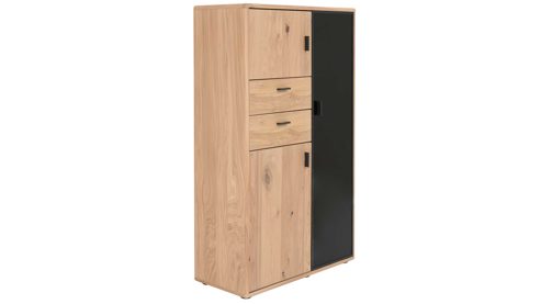 Highboard Interliving aus Holz in Holzfarben Interliving Wohnzimmer Serie 2024 - Highboard Eiche & Schwarzglas - drei Türen, zwei Schubladen