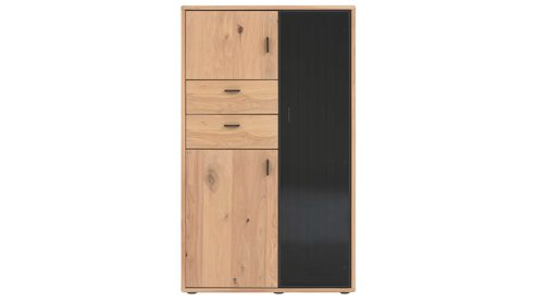 Highboard Interliving aus Holz in Holzfarben Interliving Wohnzimmer Serie 2024 - Highboard Eiche & Schwarzglas - drei Türen, zwei Schubladen