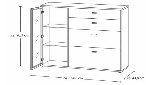 Sideboard Interliving aus Holz in Holzfarben Interliving Wohnzimmer Serie 2024 - Sideboard Eiche & Schwarzglas - eine Tür, vier  Schubladen, Länge ca. 155 cm