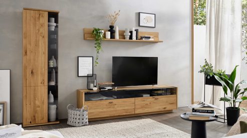 Wohnwand Interliving aus Holz in Holzfarben Interliving Wohnzimmer Serie 2027 - Wohnwand Asteiche - dreiteilig, Breite ca. 286 cm