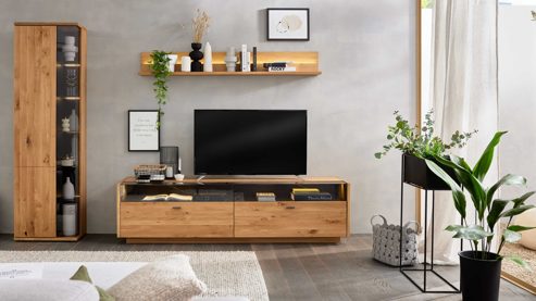 Wohnwand Interliving aus Holz in Holzfarben Interliving Wohnzimmer Serie 2027 - Wohnwand Asteiche - dreiteilig, Breite ca. 286 cm