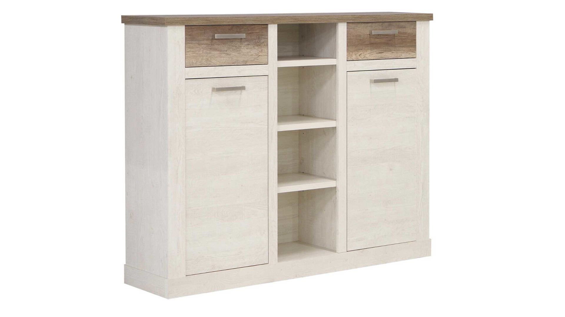 Highboard Forte® aus Holz in Weiß Möbelserie Duro - Highboard Pinie weiß & Eiche antik – zwei Türen, zwei Schubladen