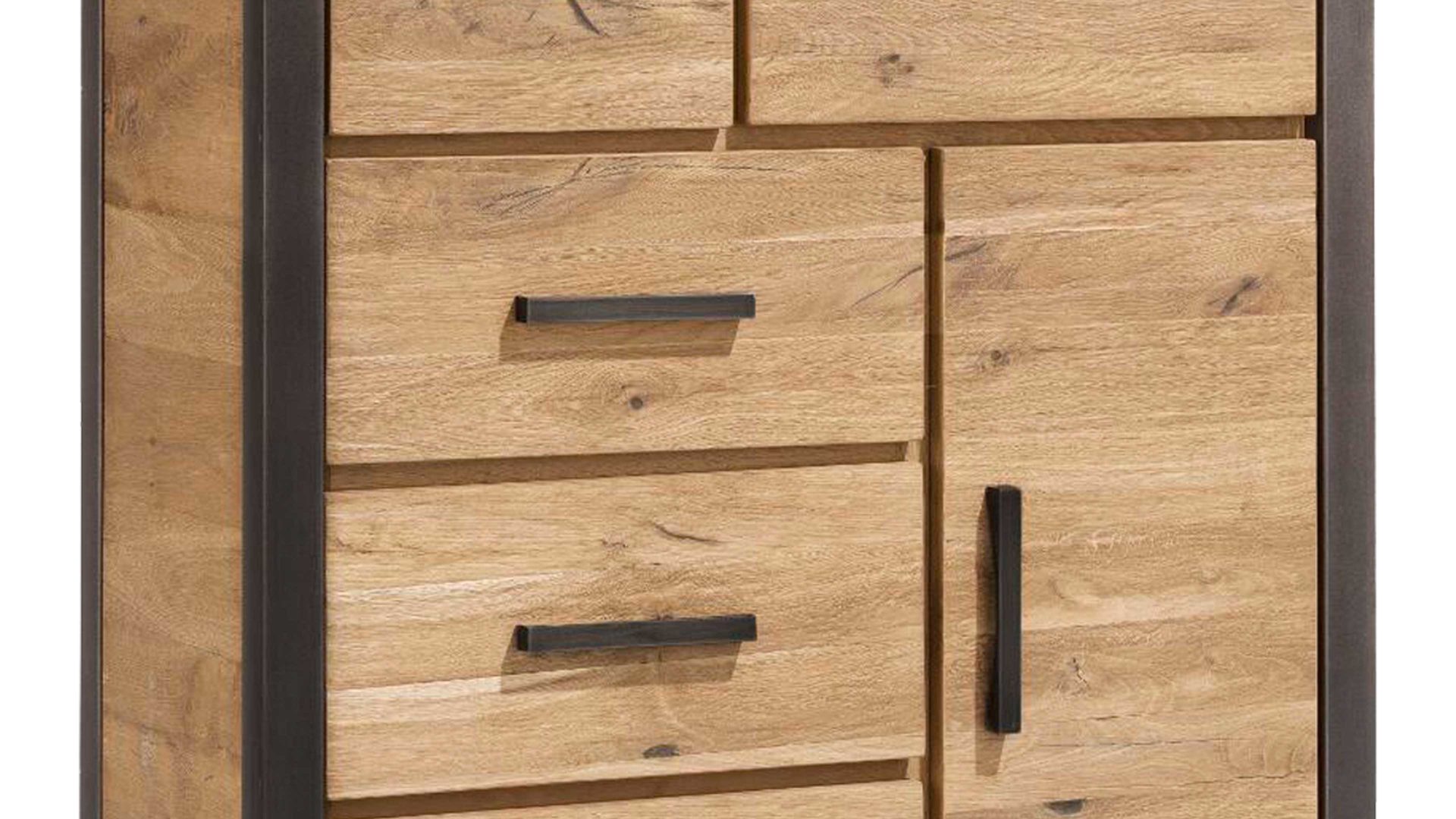 Einzelschrank WOODS & TRENDS aus Holz in Holzfarben WOODS & TRENDS Stauraumschrank Brooklyn  als Wohnzimmermöbel Railway braunes Eichefurnier – drei Türen, drei Schubladen
