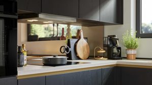 Einbauküche culineo® aus Holz in Schwarz Culineo® Einbauküche C382 mit Einbaugeräten Eiche Nero - Stellfläche ca. 335 x 305 cm