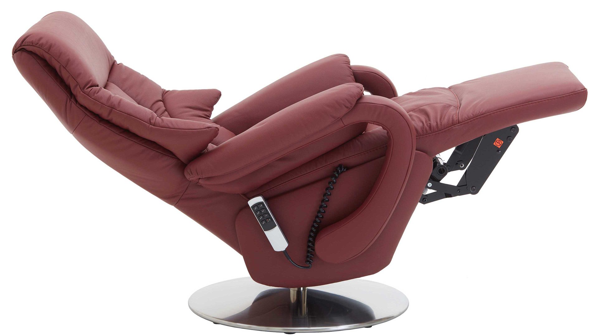 Relaxsessel Steinpol polsteria aus Leder in Rot Relaxsessel mit elektrischen Funktionen melotfarbenes LongLife-Leder Duca & Edelstahl-Tellerfuß - Akku