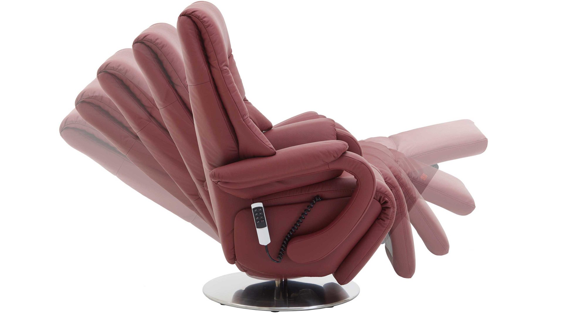 Relaxsessel Steinpol polsteria aus Leder in Rot Relaxsessel mit elektrischen Funktionen melotfarbenes LongLife-Leder Duca & Edelstahl-Tellerfuß - Akku