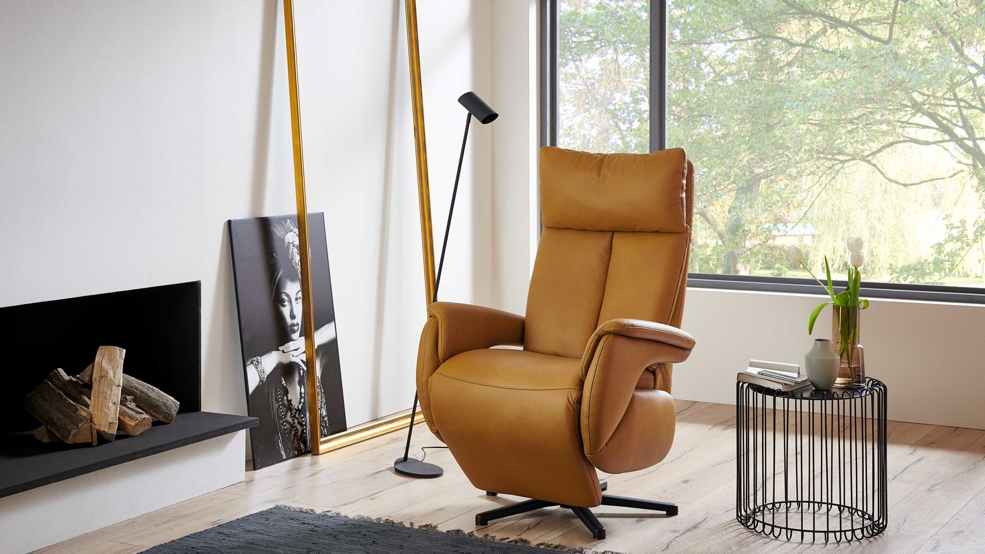 Relaxsessel Steinpol polsteria aus Leder in Gelb Relaxsessel Serie Relaxa Feeling senffarbenes Leder Punch Dijon & schwarzer Sternfuß