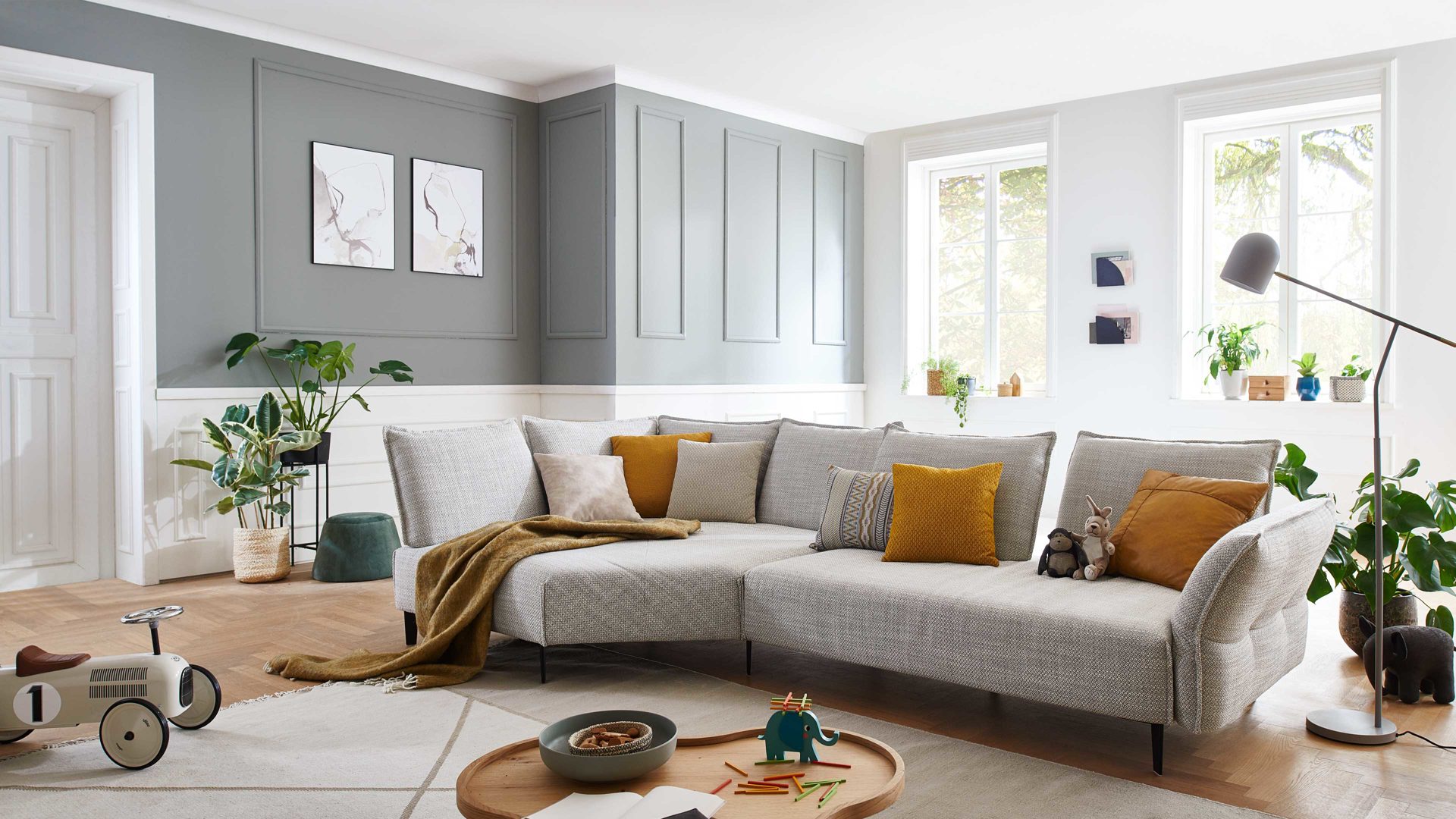 Ecksofa W.schillig i. i. aus Stoff in Hellgrau W.SCHILLIG Ecksofa Bonnie silbergrauer Webstoff T88 & schwarze Metallfüße – Stellfläche ca. 158 x 340 cm