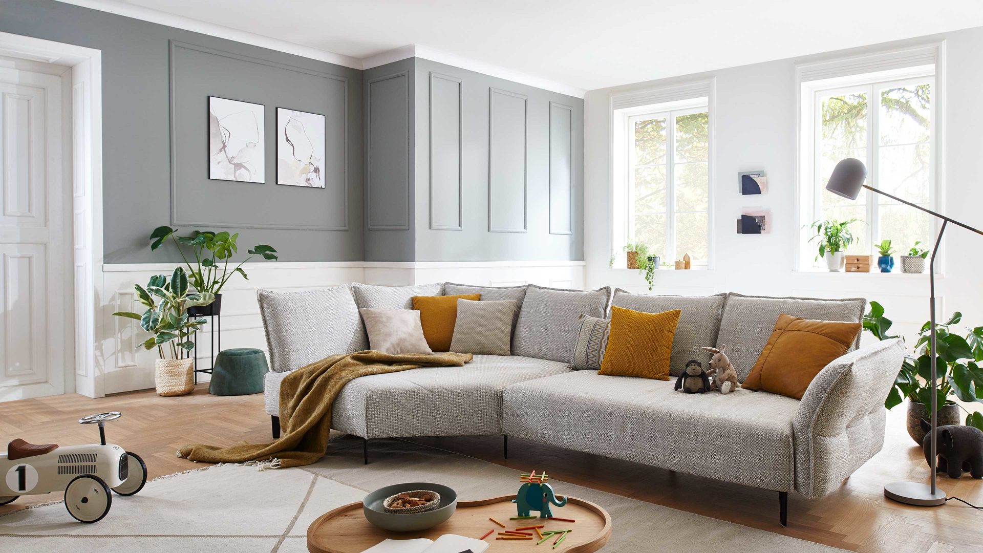 Ecksofa W.schillig i. i. aus Stoff in Hellgrau W.SCHILLIG Ecksofa Bonnie silbergrauer Webstoff T88 & schwarze Metallfüße – Stellfläche ca. 158 x 340 cm