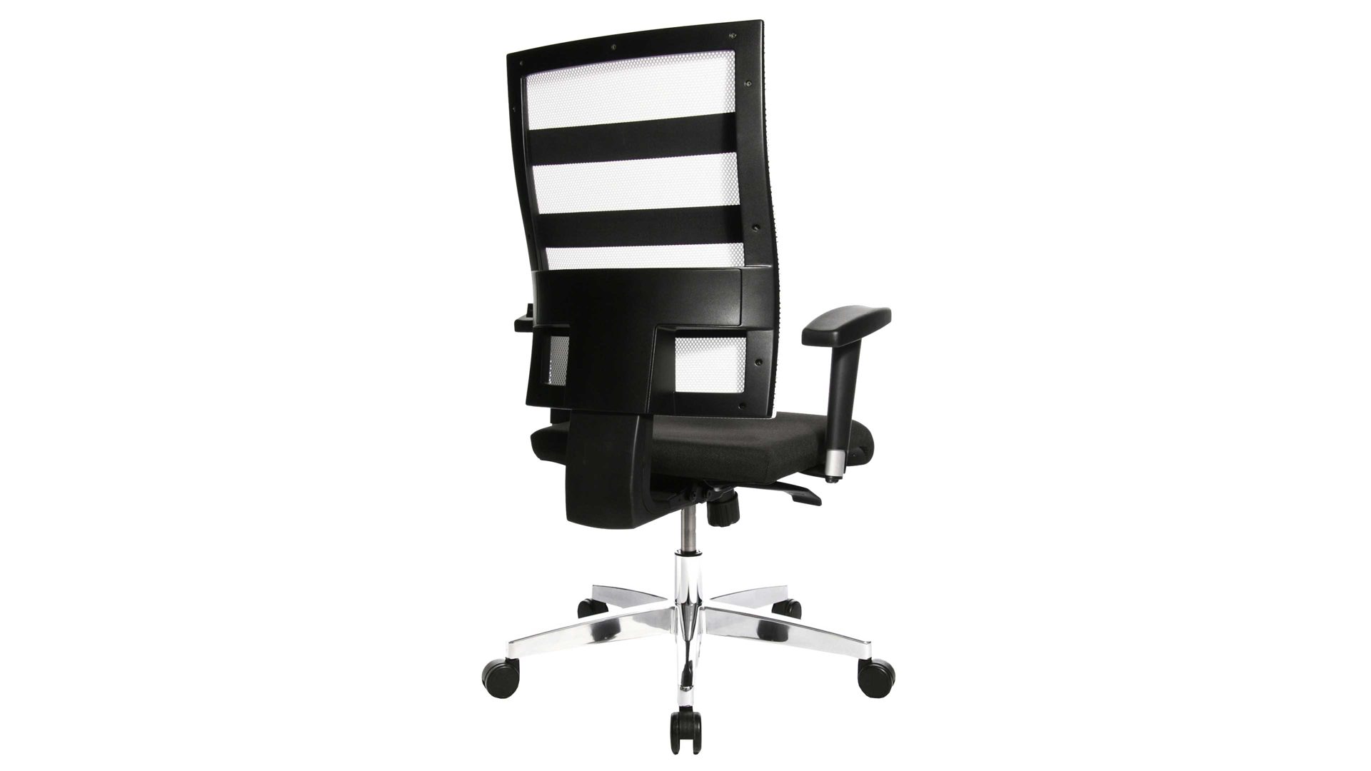 Drehstuhl OrthoSedis aus Stoff in Schwarz Drehstuhl orthoSedis 50 als Bürostuhl mit Sitzkomfort schwarzer Netzbezug TT200 & poliertes Aluminium-Fußkreuz