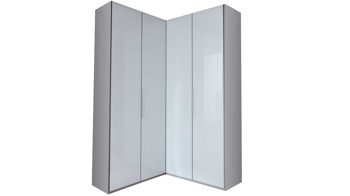 Eckschrank Interliving aus Holz in Weiß Interliving Kleiderschrank Serie 1205 – Eckschrank weiße Glasfronten – vier Türen