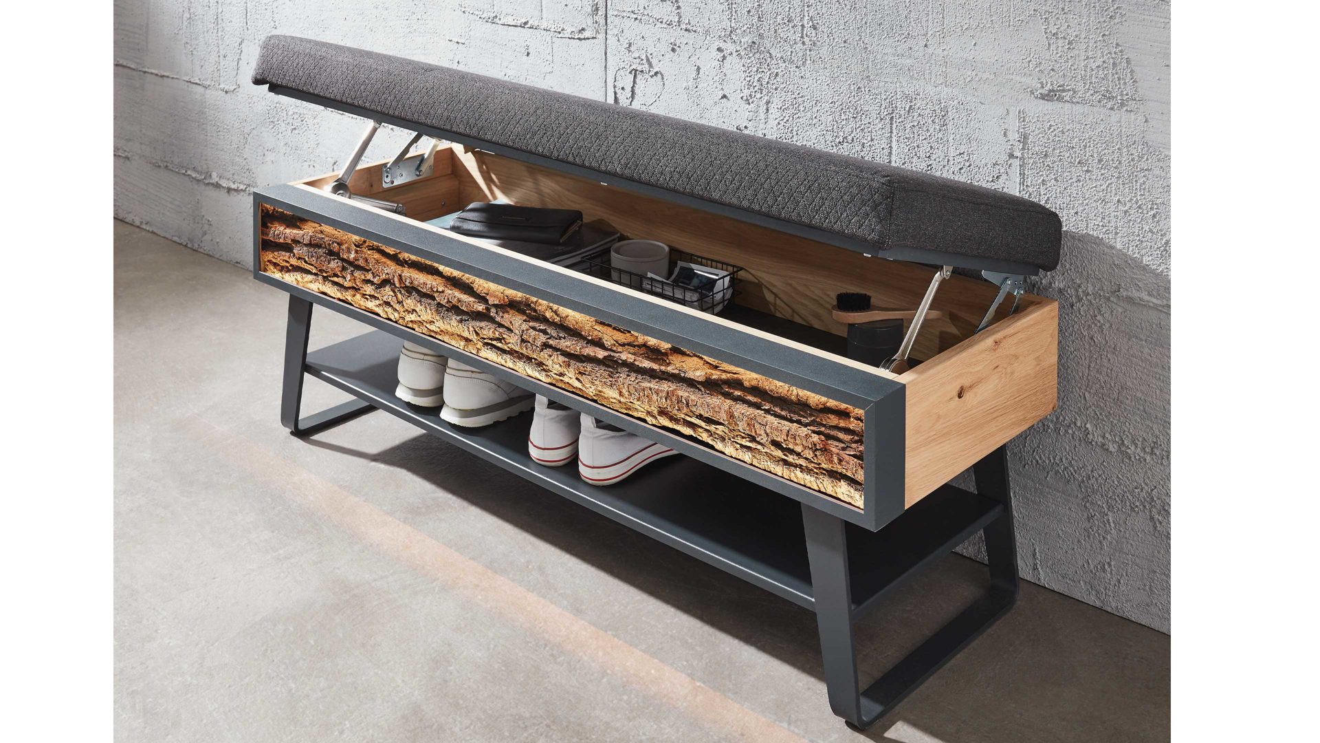 Garderobenbank Hartmann aus Holz in Holzfarben hartmann Garderobenprogramm Runa - Garderobenbank Rindenholz, Kerneiche & anthrazitfarbener Stoffbezug - Länge ca. 118 cm