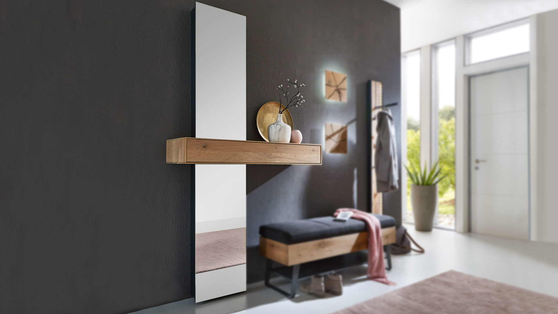 Regal Hartmann aus Spiegel in Transparent hartmann Garderobenprogramm Runa - Spiegel-Stauraumement Spiegel, Kerneiche & anthrazitfarbenes Metall