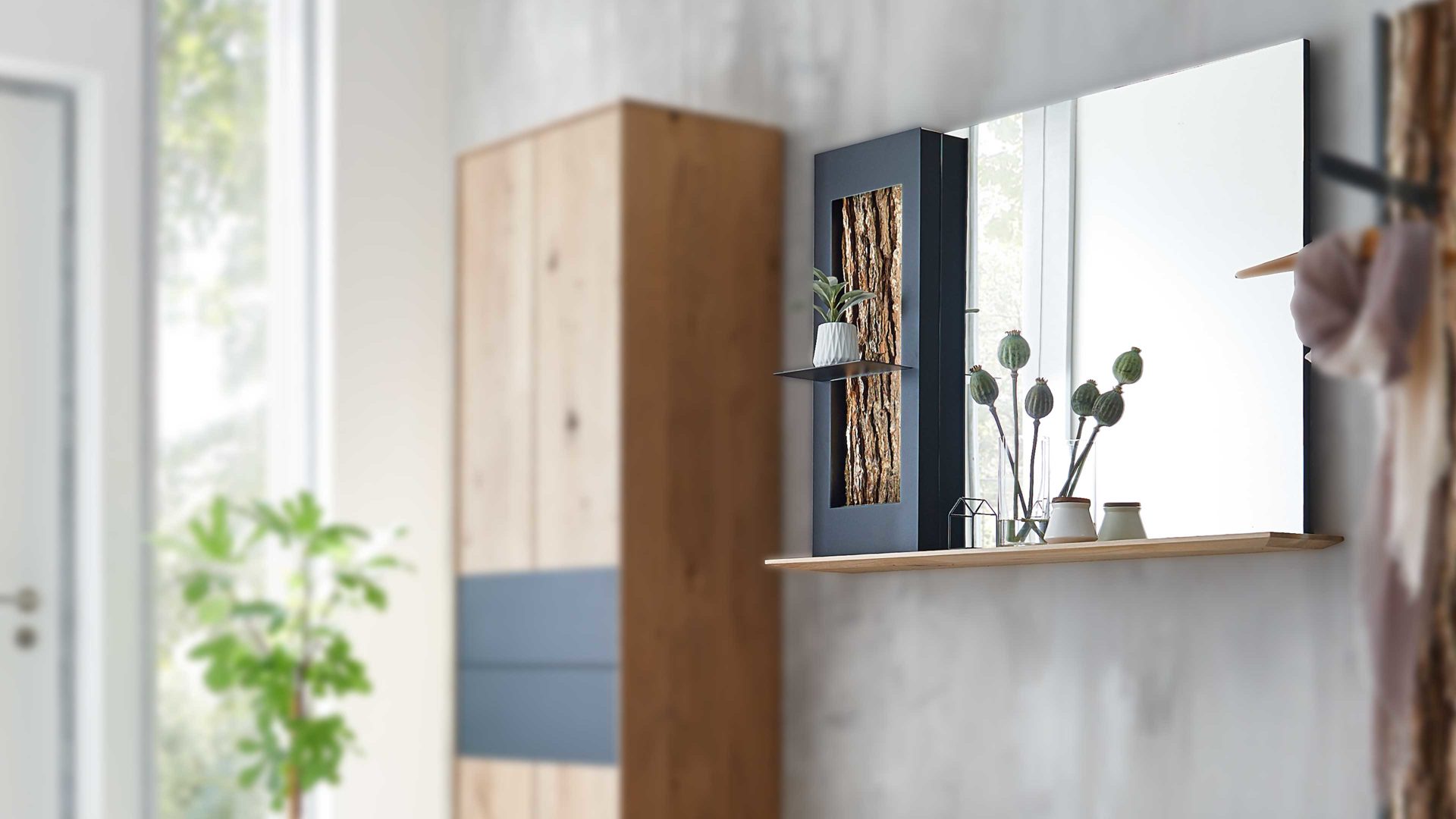 Spiegel Hartmann aus Holz in Holzfarben hartmann Garderobenprogramm Runa - Spiegel-Regal Rindenholz, Kerneiche & anthrazitfarbenes Metall - ca. 118 x 79 cm, rechts