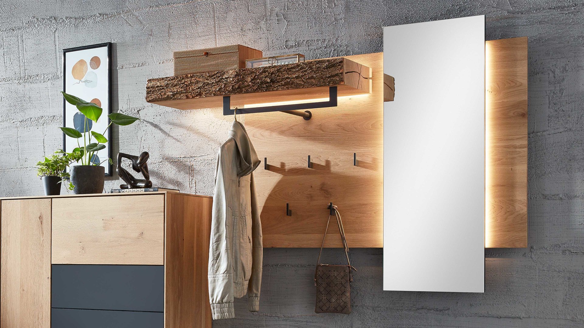 Wandgarderobe Hartmann aus Holz in Holzfarben hartmann Garderobenprogramm Runa - Wandgarderobe Rindenholz, Kerneiche & anthrazitfarbenes Metall - ca. 146 x 115 cm