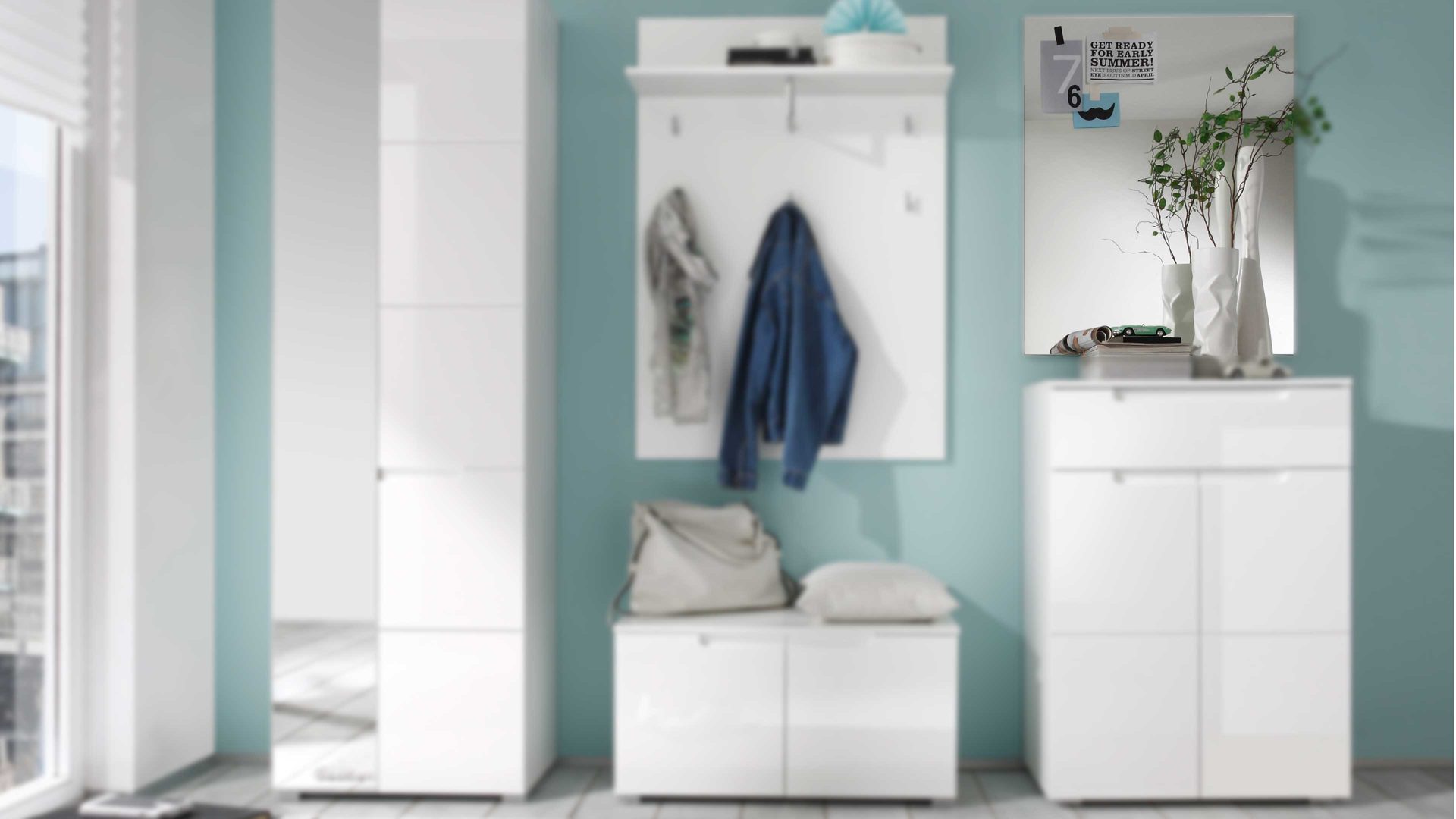 Garderoben-Set Bega-consult aus Holz in Weiß Garderoben-Set weiße Kunststoffoberflächen – fünfteilig