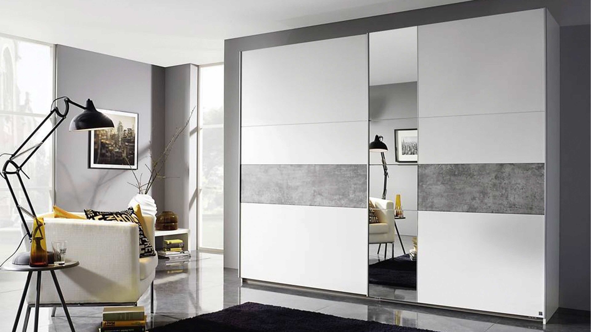 Kleiderschrank Rauch aus Holz in Grau rauch BLUE Schwebetürenschrank Korbach - Kleiderschrank Stone grey & Alpinweiß – zwei Türen, Breite ca. 218 cm