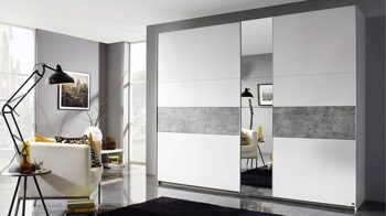 Kleiderschrank Rauch aus Holz in Grau rauch BLUE Schwebetürenschrank Korbach - Kleiderschrank Stone grey & Alpinweiß – zwei Türen, Breite ca. 261 cm