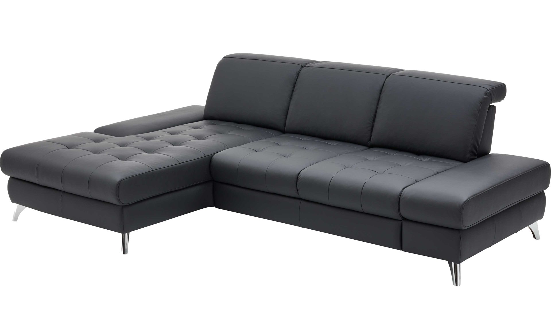 Ecksofa KAWOO aus Leder in Schwarz KAWOO Polsterprogramm Torino - Ecksofa Torino schwarzes Leder Punch & Chromfüße B – Stellfläche ca. 186 x 282 cm