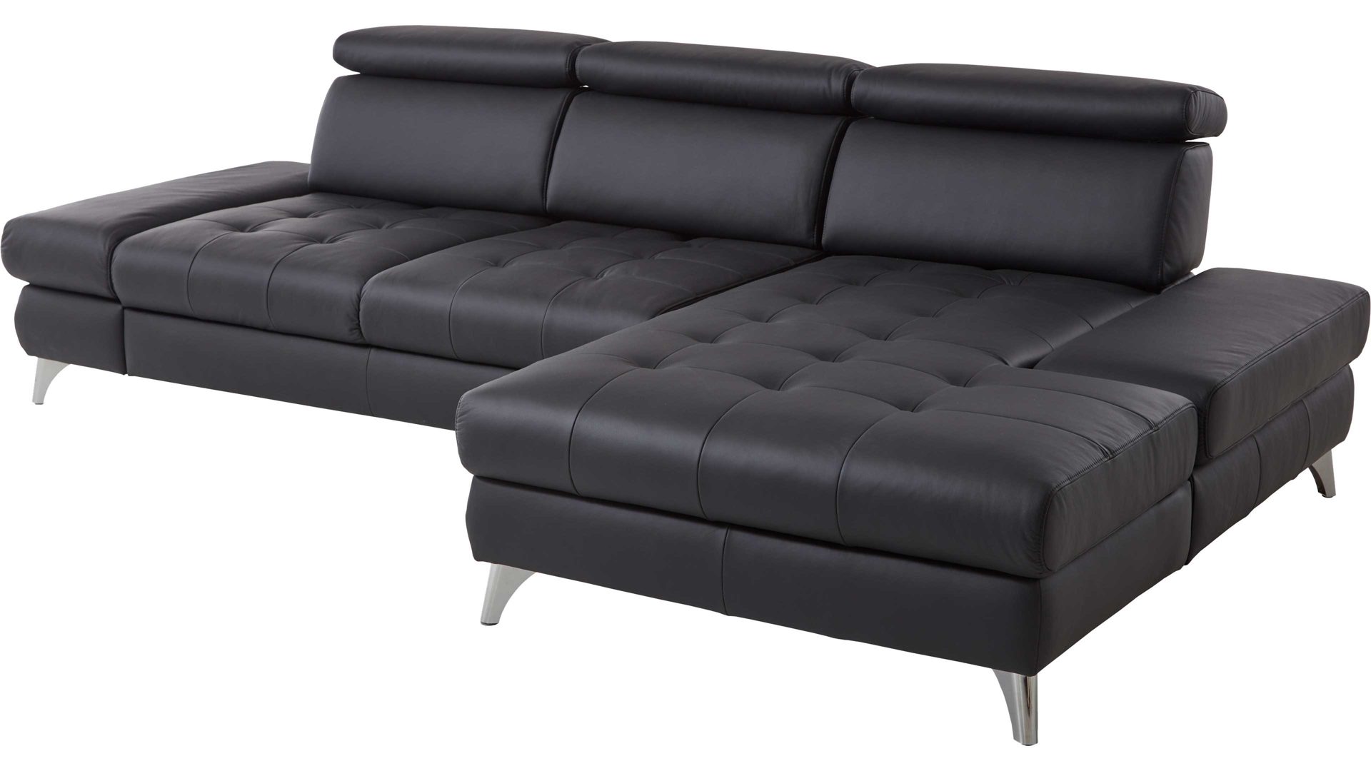 Ecksofa KAWOO aus Leder in Schwarz KAWOO Polsterserie Torino - Ecksofa bzw. Polstermöbel schwarzes Leder Punch & Chromfüße B – Stellfläche ca. 282 x 186 cm