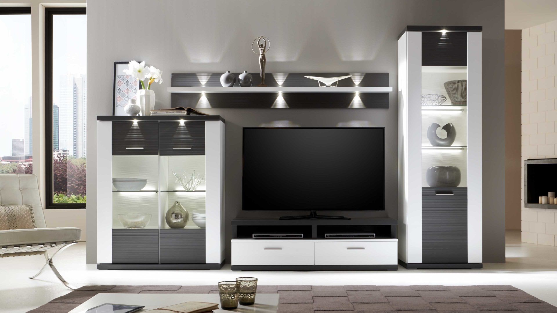 Wohnwand Ideal möbel aus Holz in Grau Wohnkombination Manhattan - Wohnwand mit TV-Aufsatz Weiß & Graphit – fünfteilig, Breite ca. 330 cm