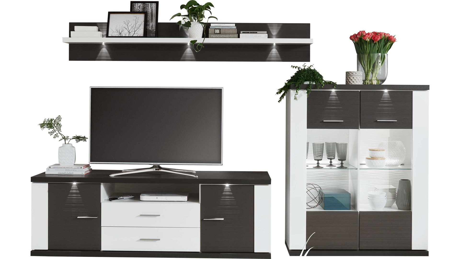 Wohnwand Ideal möbel aus Holz in Schwarz Wohnkombination Manhattan - Wohnwand Weiß & Graphit – dreiteilig, Breite ca. 294 cm