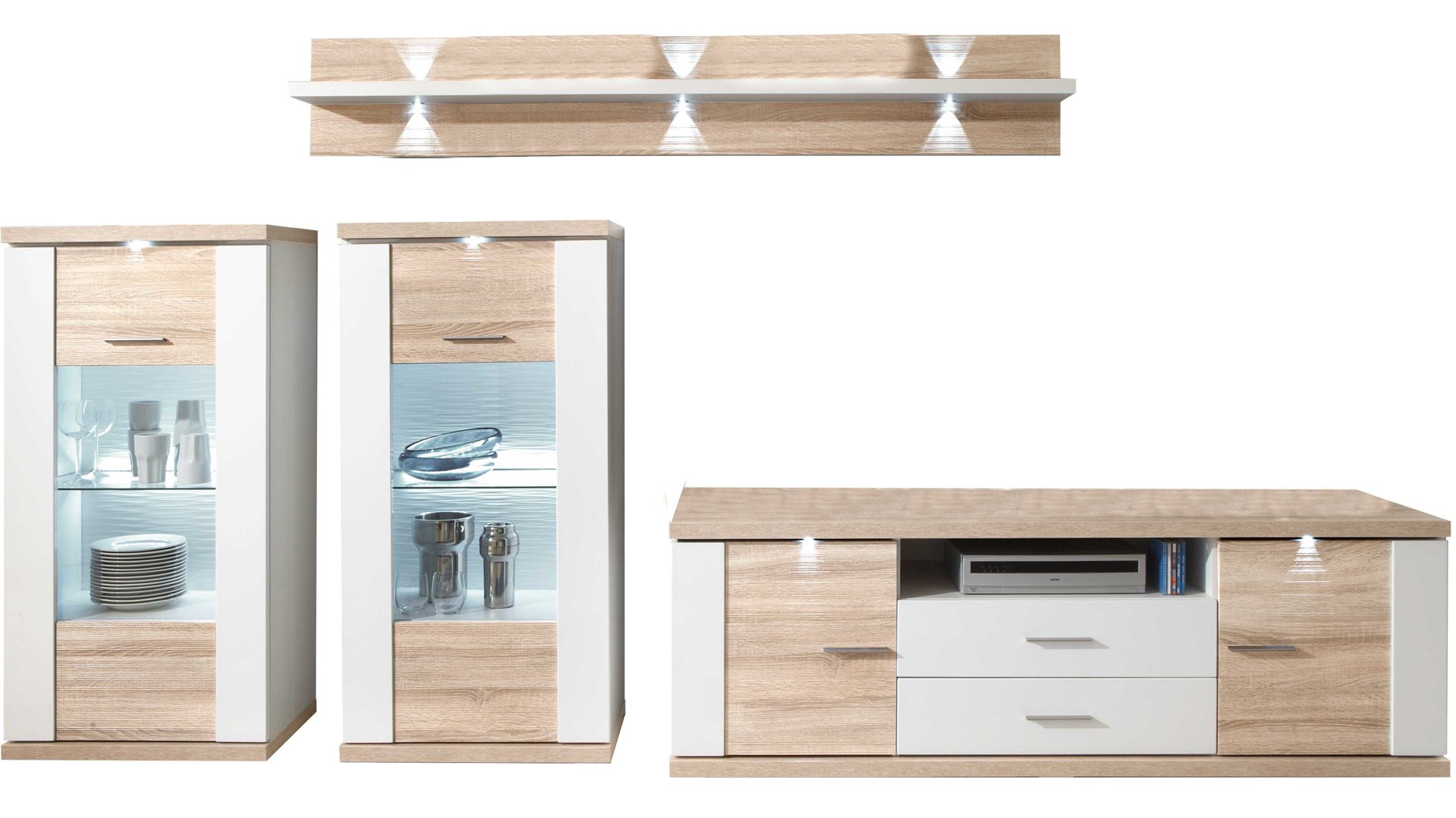 Wohnwand Ideal möbel aus Holz in Holzfarben Wohnkombination Manhattan - Wohnwand mit TV-Möbel Weiß & Eiche sägerau – vierteilig, Breite ca. 329 cm