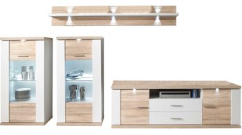 Wohnwand Ideal möbel aus Holz in Holzfarben Wohnkombination Manhattan - Wohnwand mit TV-Möbel Weiß & Eiche sägerau – vierteilig, Breite ca. 329 cm