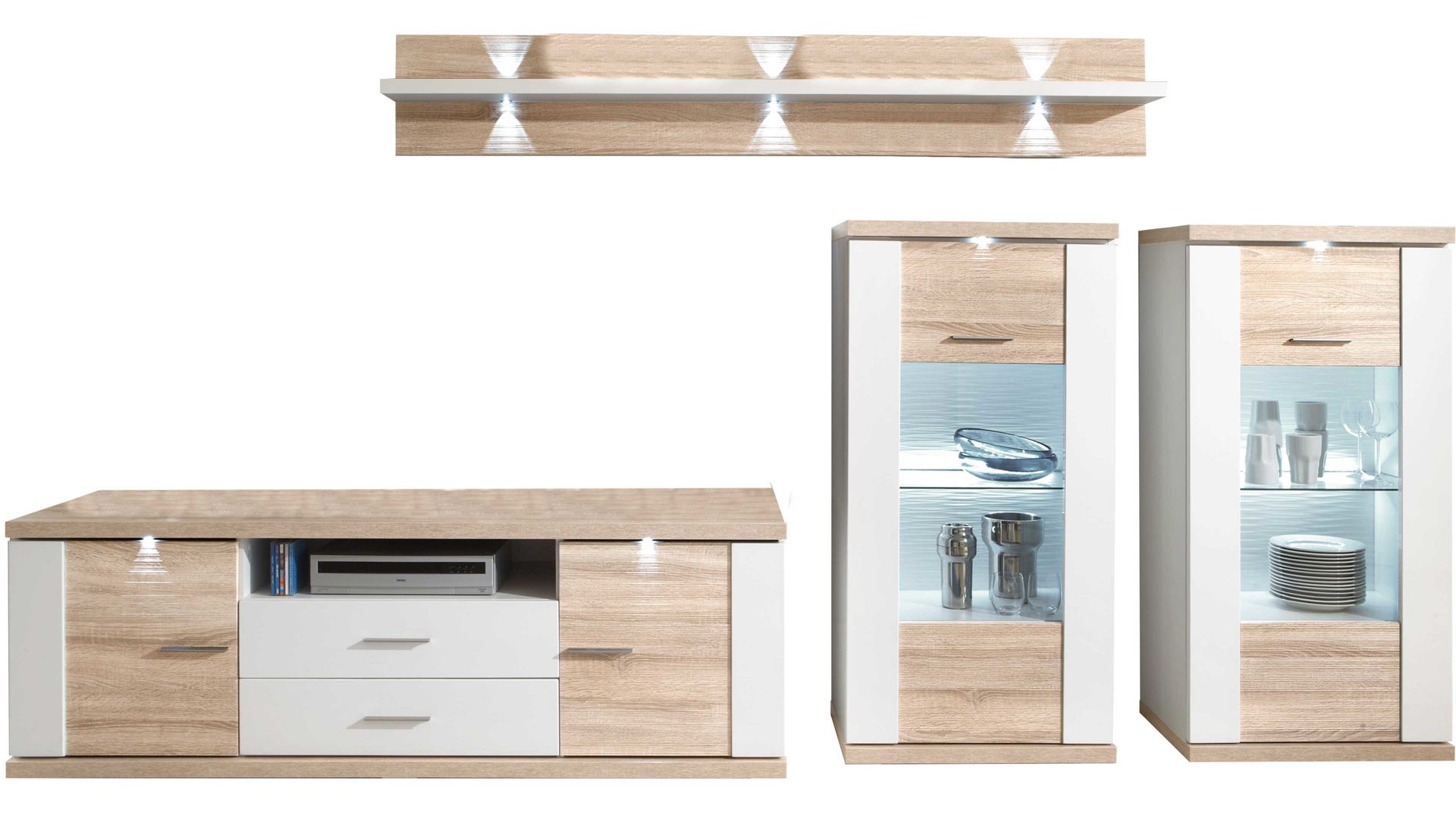 Wohnwand Ideal möbel aus Holz in Holzfarben Wohnkombination Manhattan - Wohnwand mit TV-Möbel Weiß & Eiche sägerau – vierteilig, Breite ca. 329 cm